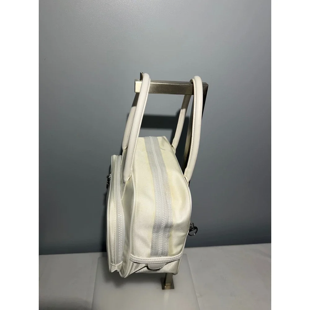 Lacoste White Canvas Vintage Bowling Bag Striped Sporty Satchel Top Handle Purse